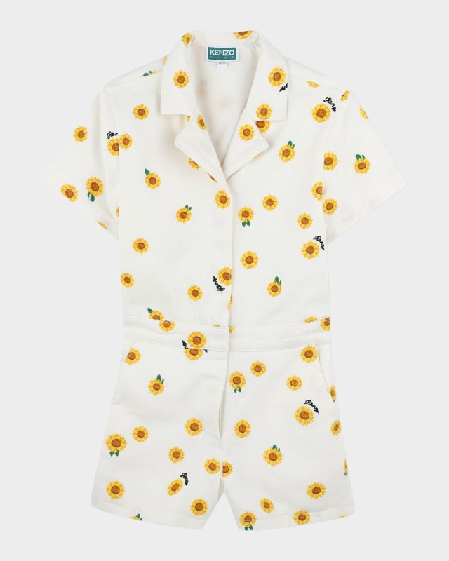 Girl's Embroidered Sunflower-Print Romper, Size 2-4